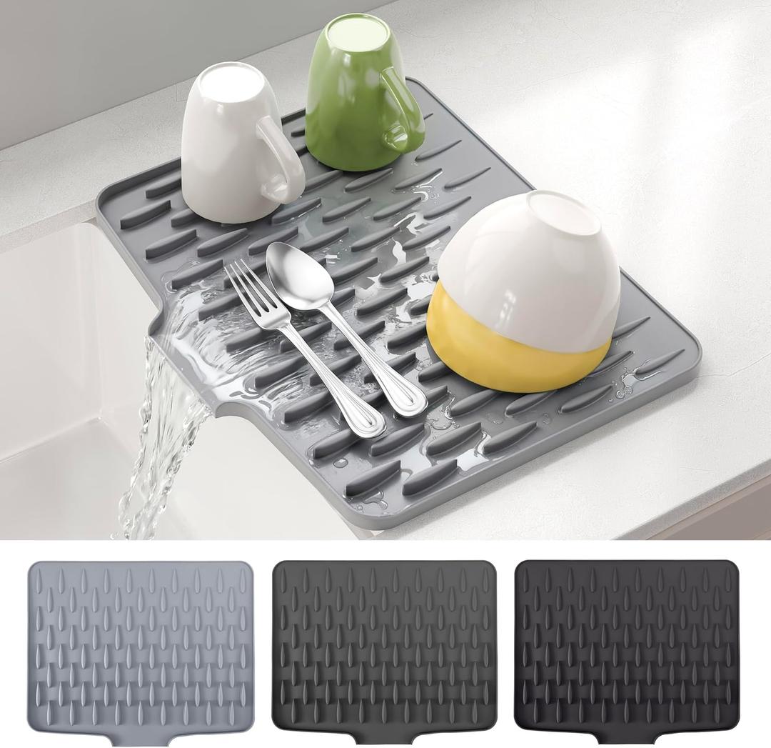 CHIKILLA Silicone Dish Drying Mat for Kitchen Counter, Fast Drainage Design for Vegetables Fruits, Heat Resistant, Non-Slip , Dishwasher Safe  15.7x13 inch Silk Gray