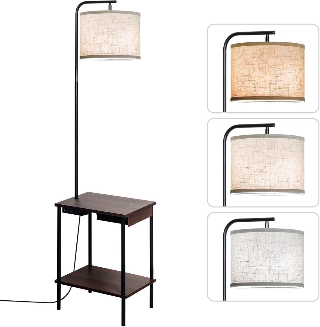 Floor Lamp with Table & Drawers, End Table Lamp with USB Charging Portt Power Outlet and Shelves, Side Table Reading Light with 3 Color Temperature Led Bulb Included for Living Room, Walnut