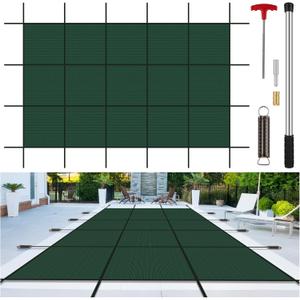 Inground Pool Cover Safety Fits 20x40ft Rectangle Swimming Pool, Mesh Solid Pool Cover for Inground Pools, Winter Pool Safety Cover Includes Safety Net and Installation Tools Green