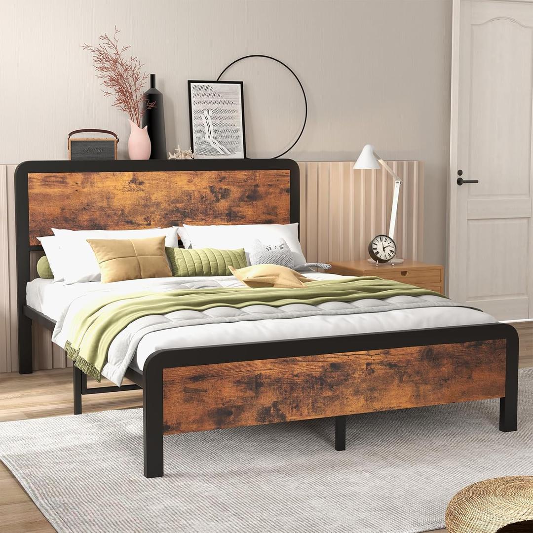 Metal Queen Size Bed Frame with Rustic Vintage Wood Headboard, Platform Bed Frame Mattress Foundation with Safe Rounded Corners & Strong Metal Slats Support, No Box Spring Needed, Retro Brown