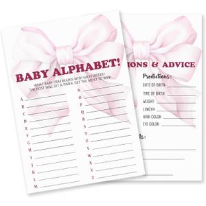 Baby Alphabet & Predictions Advice Theme Baby Shower Game Activities- 25 Watercolor Pink Bow Game Cards(5’’x7’’) For Boys & Girls- Decorations & Supplies For Baby Shower & Gender Neutral Party-C03