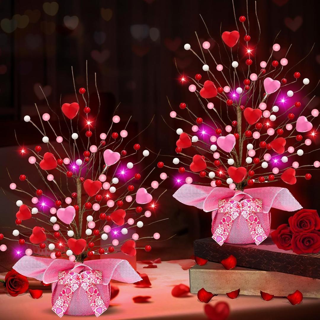 Valentines Day Decorations, Timer 2 Pack 18 Inch Lighted Valentines Tree Table Decor with 20 Red&Pink Lights, Battery Operated 3D Hearts&Berries Ornaments Pink Burlap Valentines Day Decor Home Office