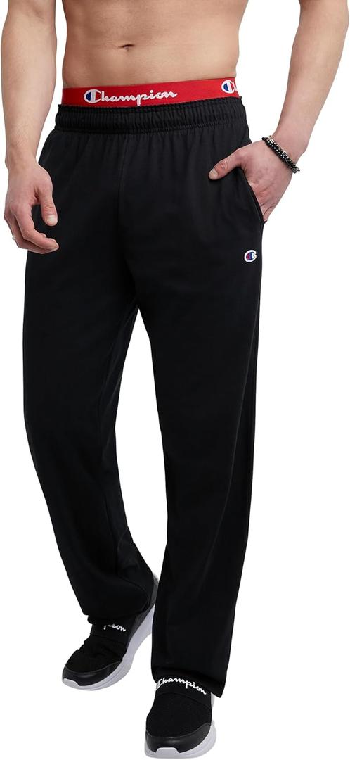 Champion Men's Open-Bottom Lounge Pants, Standard Fit, Lightweight 100% Cotton, Regular and Big & Tall Black M