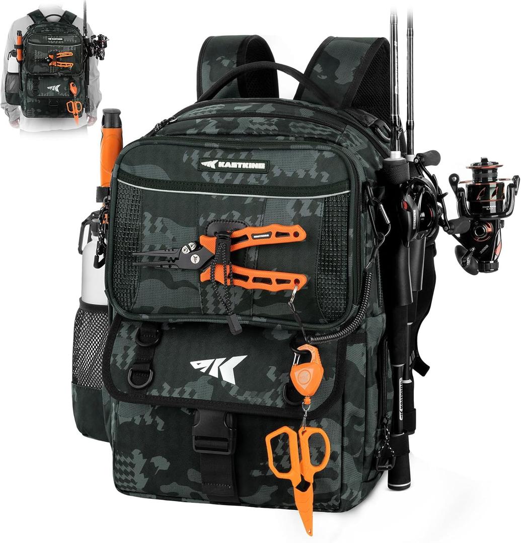 KastKing BaitSpace Fishing Tackle Backpack with Removable Bait Binder,2 Rod Holders, Storage for Fishing Gear and Equipment