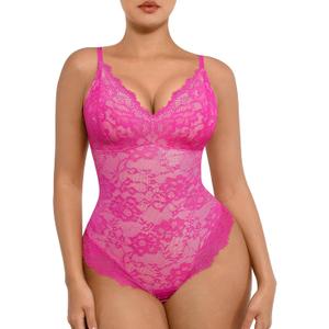 FeelinGirl Shapewear Bodysuits for Women Lace Shapewear Tummy Control V-Neck Sleeveless Bodysuit Tops Jumpsuit (Small, Pink)