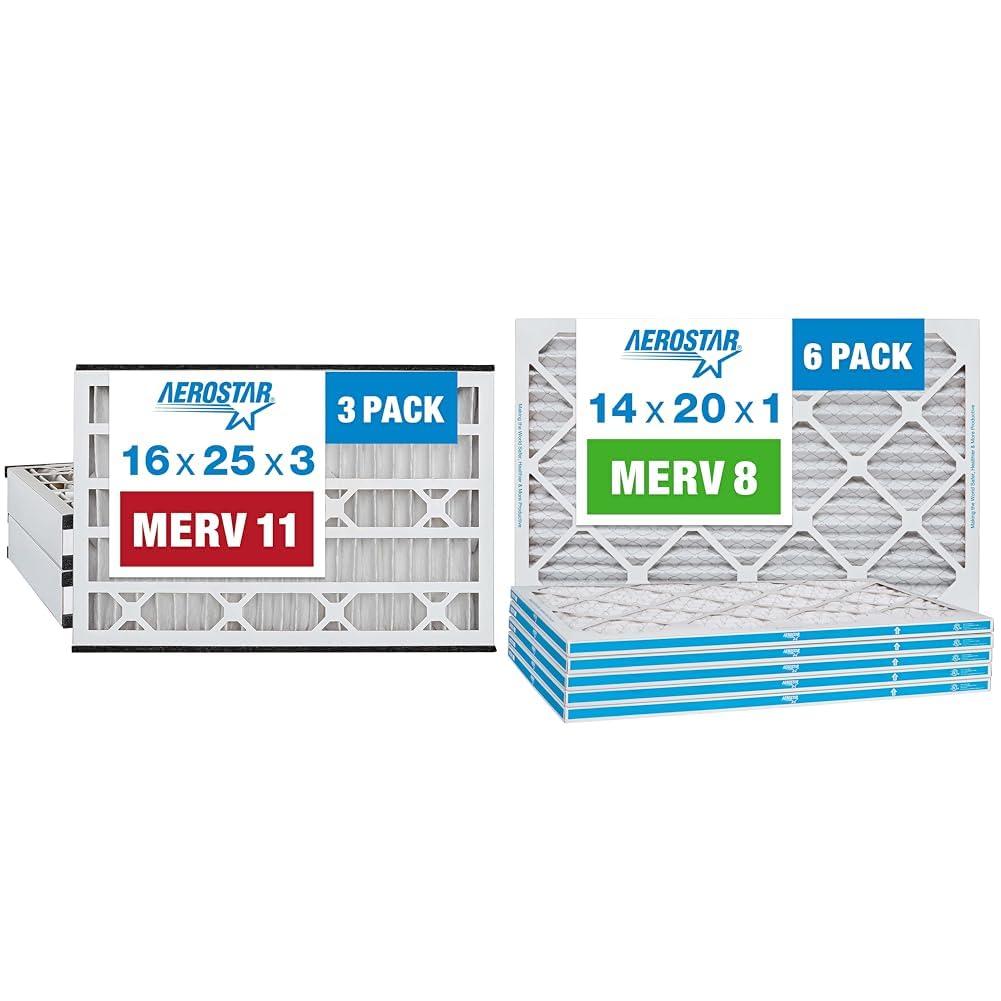 Aerostar 16x25x3 MERV 11 Pleated Replacement Air Filter for Trion Air Bear 229990-101, 3 Pack & 14x20x1 MERV 8 Pleated Air Filter, AC Furnace Air Filter, 6 Pack (Actual Size: 13 3/4"x 19 3/4" x 3/4")