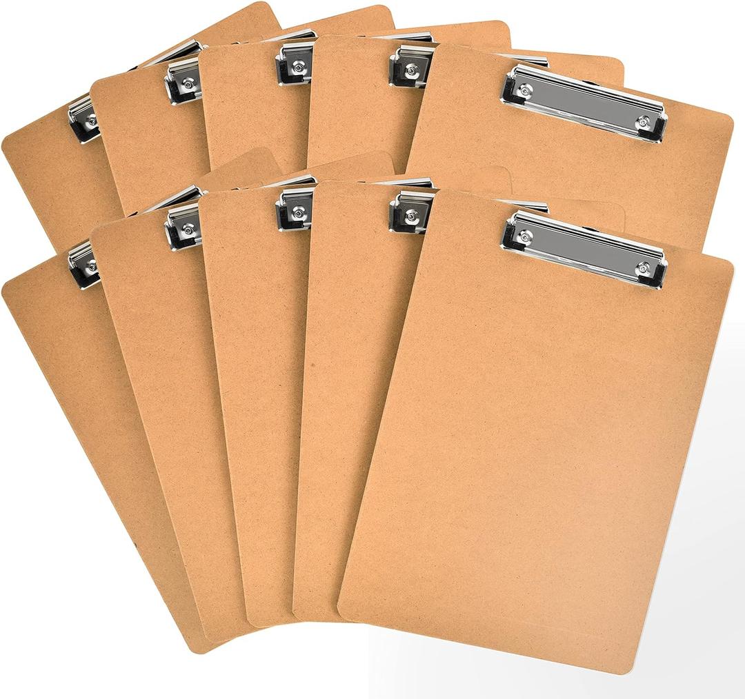 Happyhapi 10 Pack 9" x 12.5" Wooden Hardboard Clipboards with Low Profile Clip, A4 Clip Boards for Office, Home, Classroom