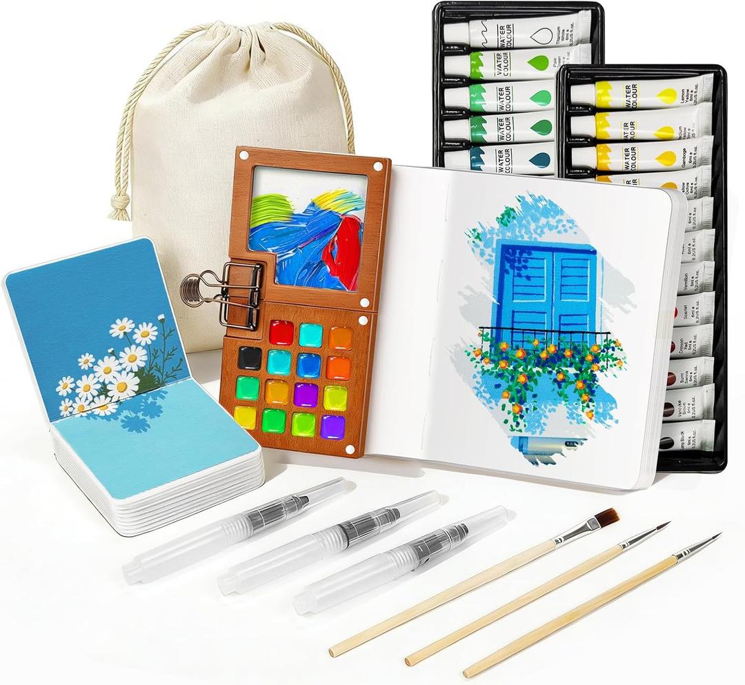 Mini Watercolor Paint Set, Walnut Wood Mini Paint Palette, 24-Colors Pocket watercolor set with Paint Brushes, Sketchbooks & Drawstring Bag, Ideal Paint Kit for Artists & Beginners