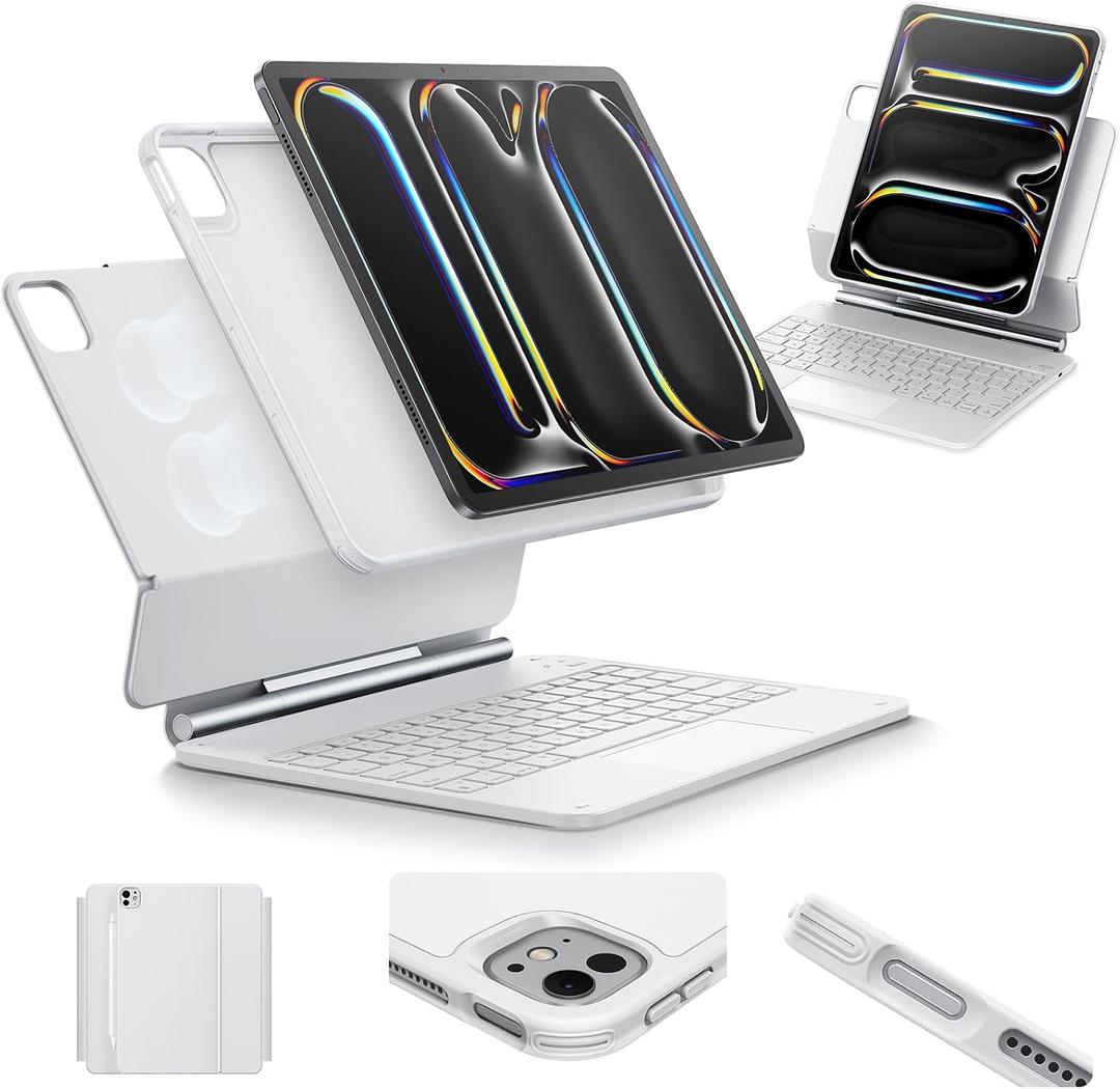 [Upgraded] ESR iPad Pro 13 Inch Case with Keyboard (M5/M4, 2025/2024), iPad Pro 13 Keyboard Case with Magnetic Stand, Portrait/Raised Modes for iPad Pro 13, Removable, Rebound 360 Series,White