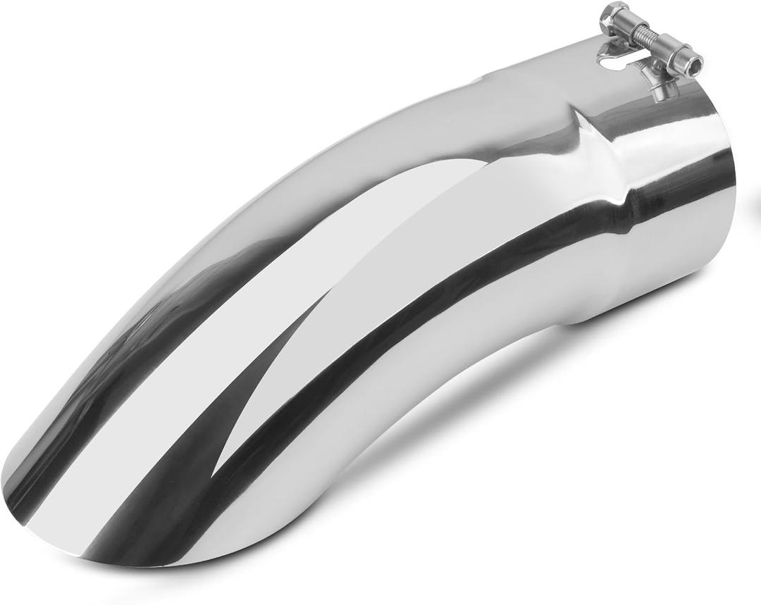 5 inch Inlet Curved Exhaust Tip, 5" Outlet 15" Overall Length Stainless Steel Turn Down Exhaust Tail Pipe, Bolt-On,Sleek Angle Cut, Polished Tailpipe, Silvery