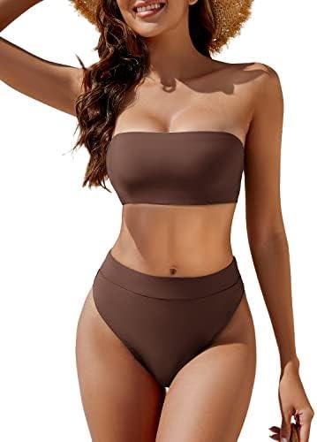 YACUN Women's High Waisted Bikini Swimsuit Two Piece Strapless Bandeau Cheeky Bathing Suits L