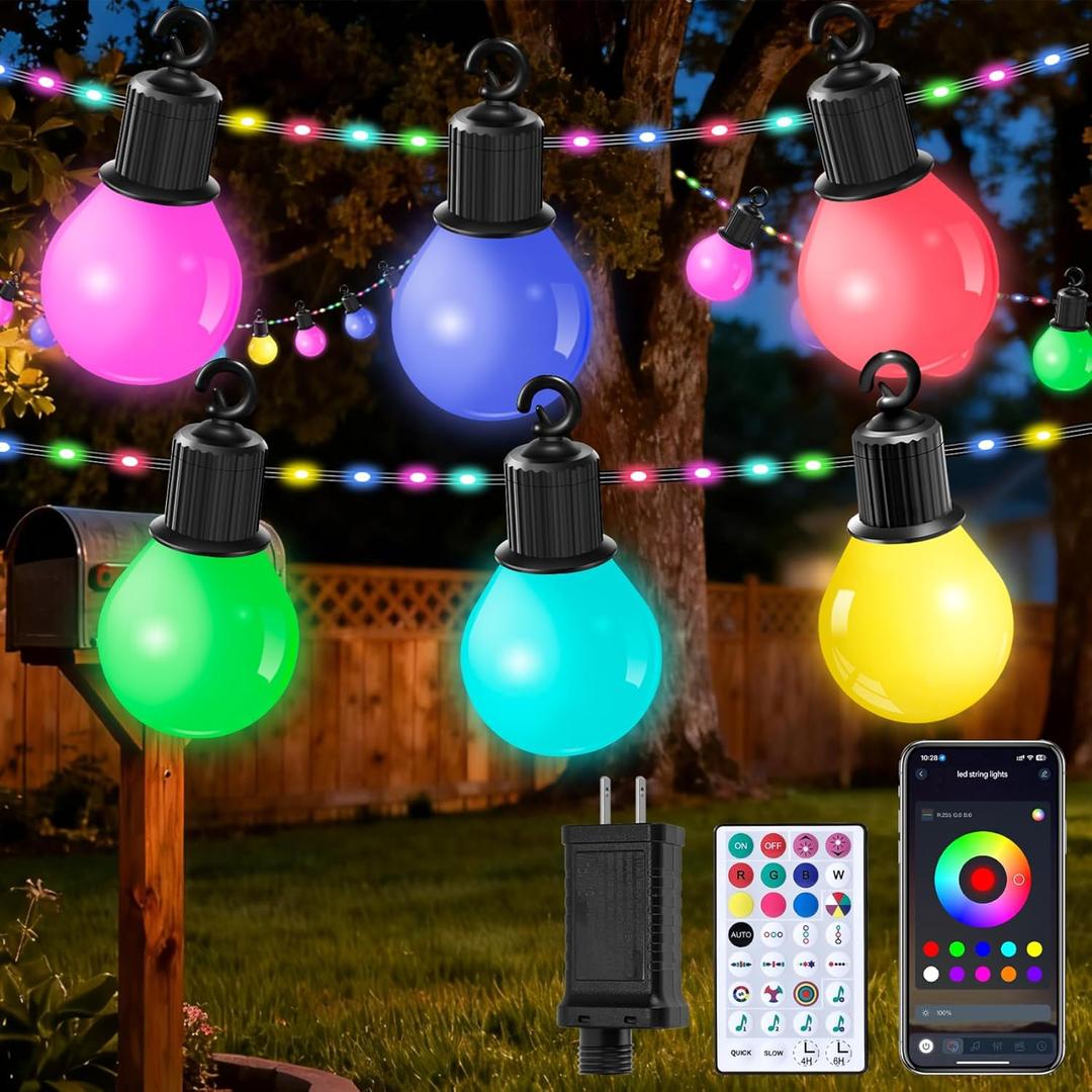 Smart Outdoor String Lights 65.6Ft, RGB IC Color Changing LED Patio Light IP67 Waterproof with 26 G40 Bulbs, Remote, App Control, Timer, Music Sync 5V Outdoor Hanging Lights for Garden Party Christmas