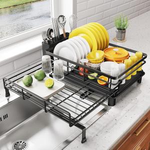 SNTD Dish Drying Rack - Extendable Dish Rack, Large Sink Drying Dish Drainer for Kitchen Counter, Stainless Steel Dish Strainer with Utensil Holder (Black)