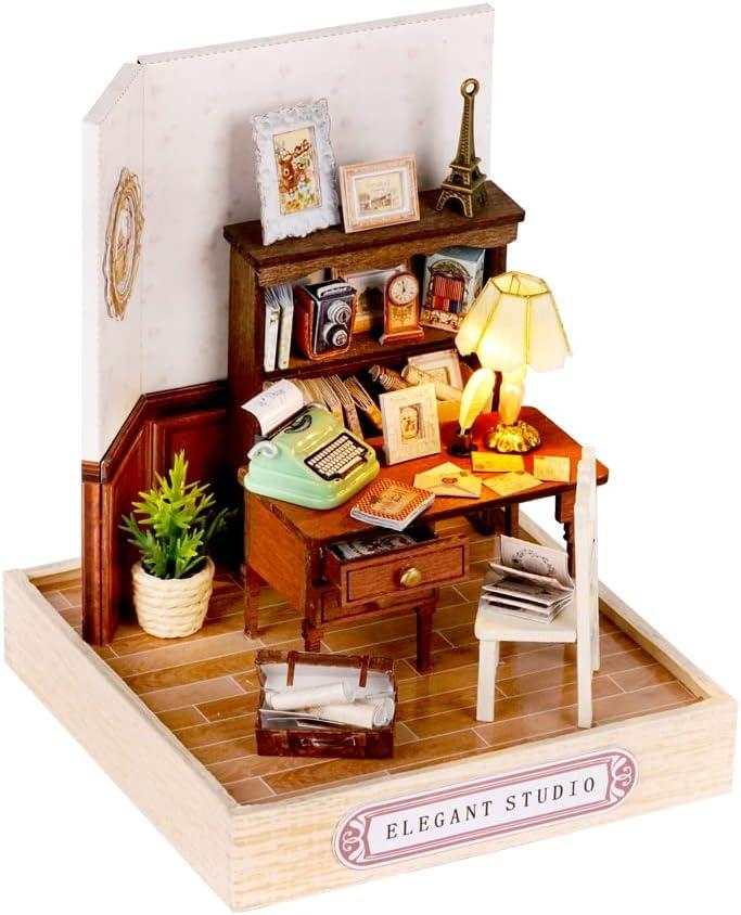 TuKIIE DIY Miniature Dollhouse Kit with Furniture, 1:24 Scale Creative Room Mini Wooden Christmas Doll House Plus Dust Proof for Kids Teens Adults(Elegant Studio)