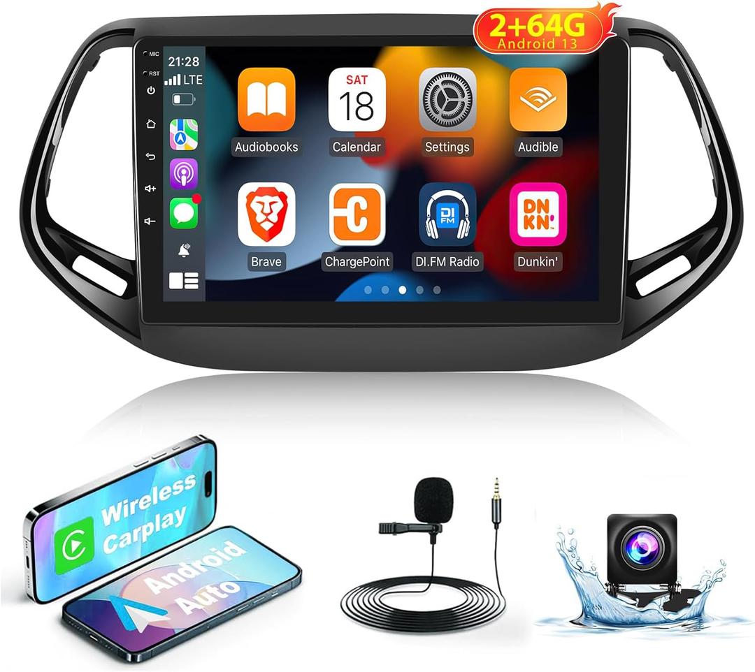[2G+64G] Car Radio for Jeep Compass 2017-2020, 10 inch Touch Screen Android 13 Stereo, Carplay/Android Auto/EQ Audio/SWC/Bluetooth +AHD Backup Camera