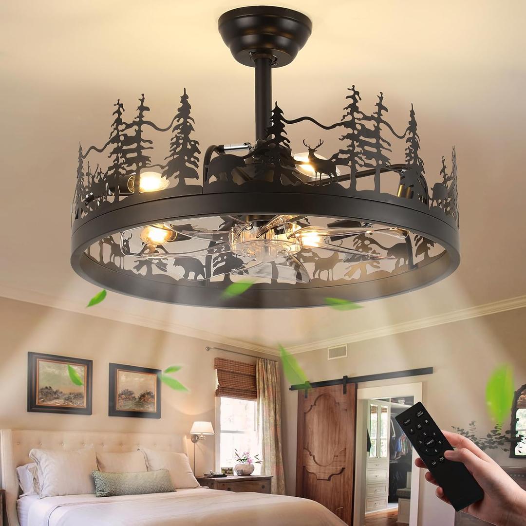 Rustic Ceiling Fans with Lights, 23" Deer Antler Ceiling Fan with Light, Adjustable Height, Rustic Farmhouse Ceiling Fans for Living Room, Bedroom, Hallway, Entryway Lighting