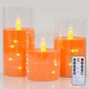 Zevanor Flameless Flickering 3" x4" 5" 6" Clear Plastic Orange 11-Key Remote Candles with Light Strings, LED Battery Operated Cycle Timer Pack of 3 Candles for Halloween Festival Decor