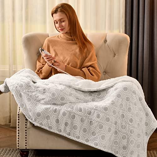 Bearhug Electric Blanket Throw Size, 50" x 60" Heated Blanket with 6 Heating Levels & 4H Auto Shut-Off, Machine Washable Soft Velvet to Sherpa Reversible Heated Throw for Office, Couch and Sofa