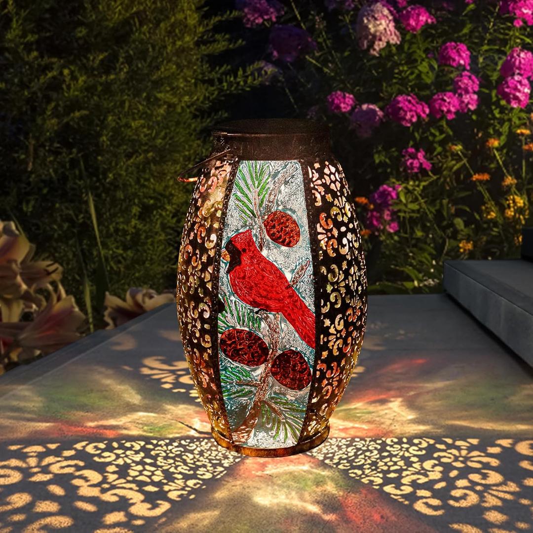Solar Lanterns Outdoor Hanging Light Cardinal LED Glass Light Waterproof Hollowed-Out Metal Decor Garden,Yard,Patio,Gifts,Table,Pathway,Holiday for Women Mom