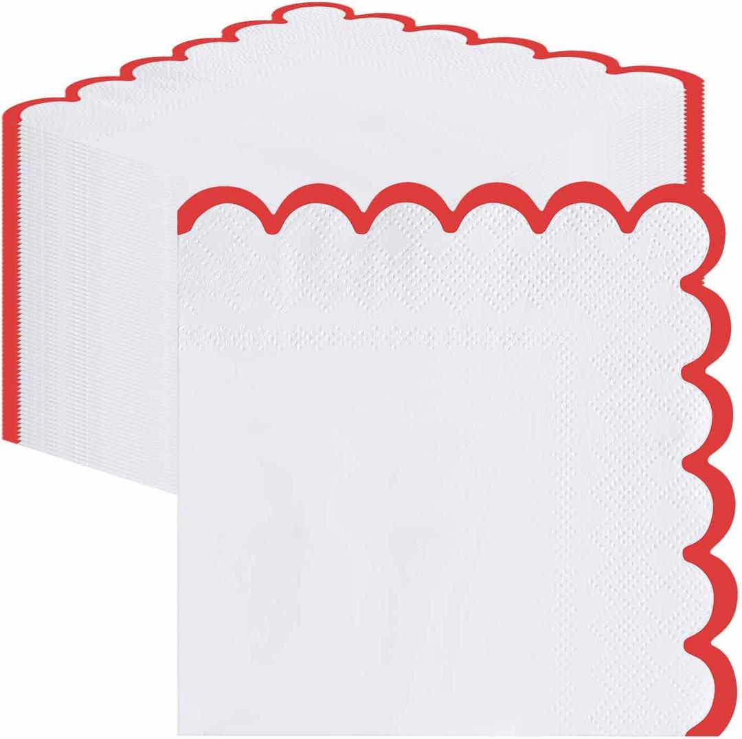 50 Pieces 3-ply Red Scalloped Napkins Folded 5 x 5 Inches Disposable Paper Napkin Cocktail Napkins for Dinner Wedding Birthday Party