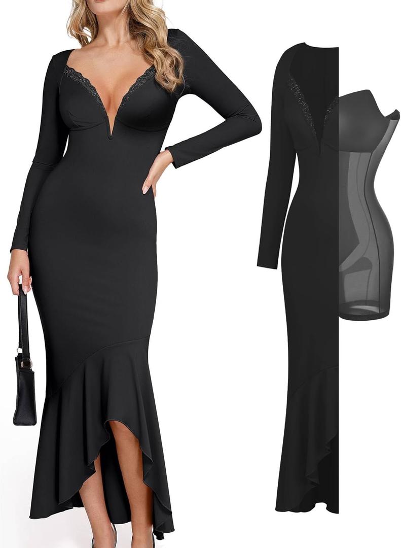 Popilush Long Sleeve Cocktail Dress for Women Shapewear Tummy Control Party Dresses Deep V Neck Lace Mermaid Maxi Dress (Large, Black) Popilush Long Sleeve Cocktail Dress for Women Shapewear Tummy Control Party Dresses Deep V Neck Lace Mermaid Maxi Dress (Large, Black)