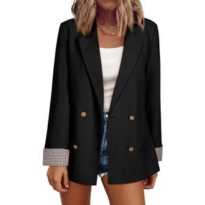 Happy Sailed Womens Blazers Plaid Cuff Double Breasted Open Front Business Casual Office Suit Jackets Work Outfits (S)