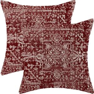 Boho Pillow Covers 20x20 Set of 2, Burgandy Red Carpet Pattern Decorative Throw Pillows Linen Ethnic Design Bohemian Farmhouse Cushion Pillow Covers for Sofa Couch Outdoor Decor