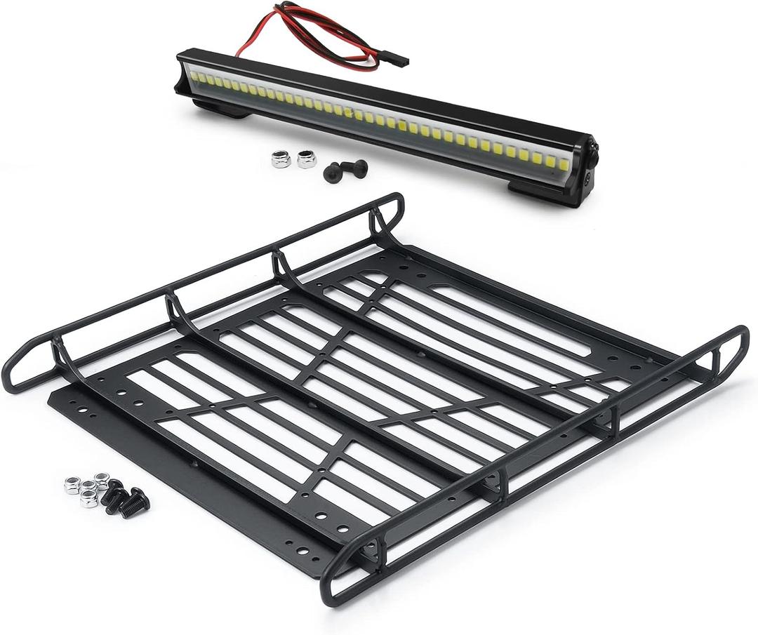 Stainless Steel Roof Luggage Rack with Lights Bar for 1/10 RC Crawler Car SCX10 III Upgrades