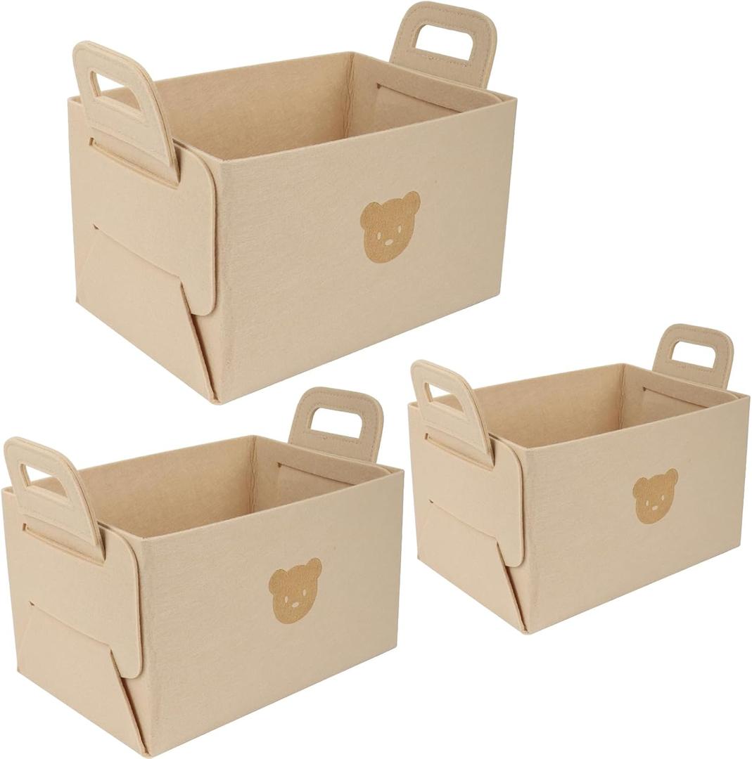 3-Piece Felt Storage Bin Set (Small, Medium, Large) with Bear Design & Handles for Home Organization