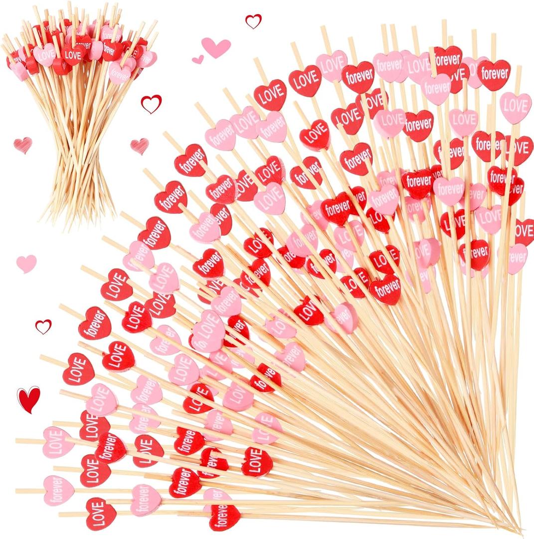 Tioncy 100 Pcs Valentines Day Cocktail Picks 4.7 Inch Heart Cocktail Toothpicks for Appetizers Decorative Bamboo Skewers Valentines Day Decorations Fruit Food Picks for Party Supplies
