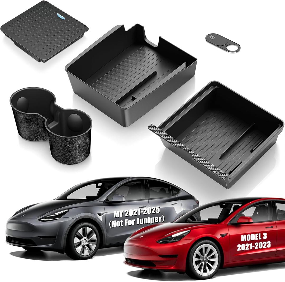 XINTUO 5Pcs Center Console Organizer Tray Compatible for Tesla Model Y Accessories 2024-2021 Armrest Hidden Drawer Storage Box Cup Holder (Not Compatible for Model 3 Highland & Model y Juniper)
