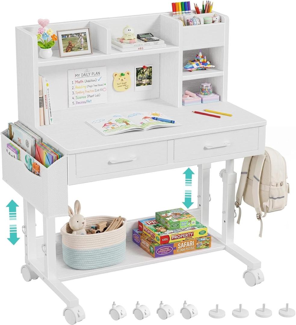 WINAZ White Kids Desk with Hutch, Height Adjustable 32" Small Study Table, 31.5"