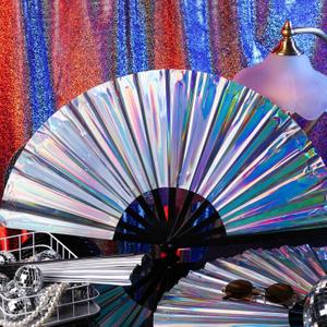 6 Pcs Large Folding Fan for Line Dancing 13" Big Holographic Rave Handheld Popping Clapping Fans Boots on the Ground Fan for Women