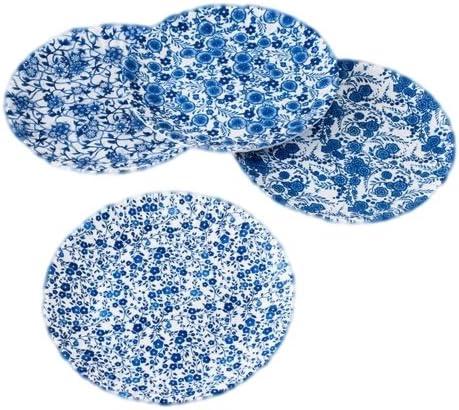 Blue & White Floral Pattern Picnic/Dinner Plate, 9 Inch Melamine, Set of 4