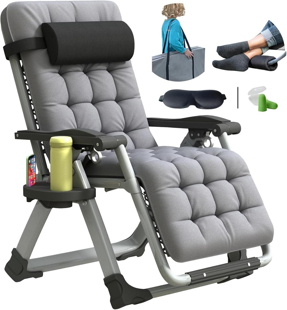 Oversized Zero Gravity Chair, XL Lounge Chair 29 Width, Padded Recliner Chair W/Removable Cushion & Adj Headrest, Storage Bag, Footrest Cushion, Cup Holder, for Indoor Outdoor, Gray