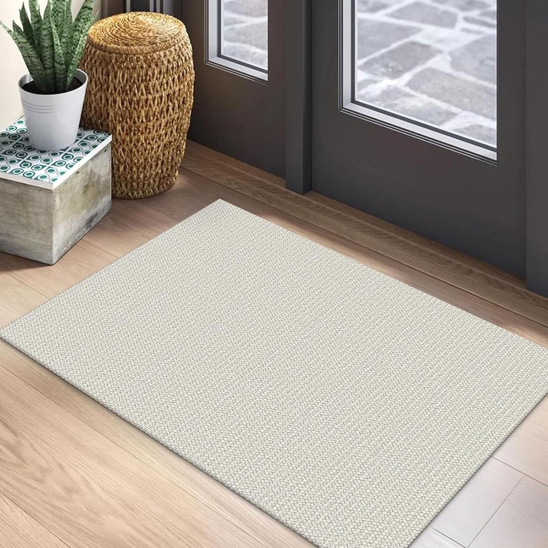 EARTHALL Woven Area Rug 2x3 Ft Washable Rugs for Entryway Braided Throw Rugs with Rubber Backing Door Mat Indoor Outdoor Entrance Small Cotton Woven Rug for Kitchen Foyer Front Door, Cream/Grayish