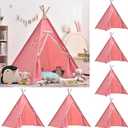 Wholelovein 6 PCS Kids Teepee Play Tent, Foldable Washable Tipi Tent Kids Boho Tent, Playhouse for Girls Boys Sleepovers Party Birthday Party (Pink)