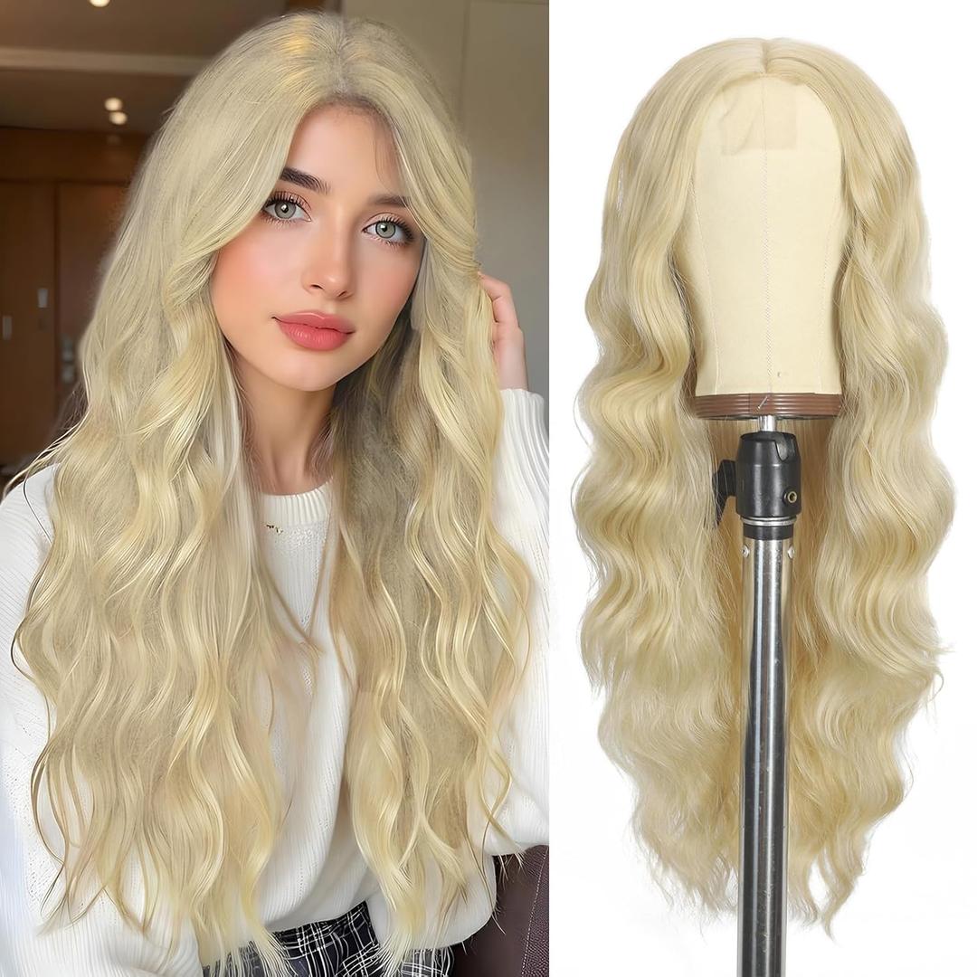26 Inch Blonde Wig for Women | Middle Part Culy Wavy Wig | Heat Resistant & Natural Looking | Lightweight Synthetic Hair for Daily Use, Halloween, Cosplay