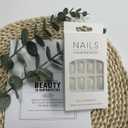 Pearl White Press on Nails Short Square Fake Nails Aurora False Nails with Design White Chrome Glue on Nails Full Cover Acrylic Nails Glossly Stick on Nails for Women Manicure 24pcs