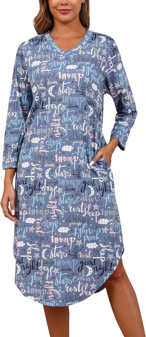PNAEONG Nightgowns for Women Soft Cotton Long Sleeve Night Gowns Adult Sleepwear V Neck Nightshirt Comfy Sleepshirts (Blue, L)