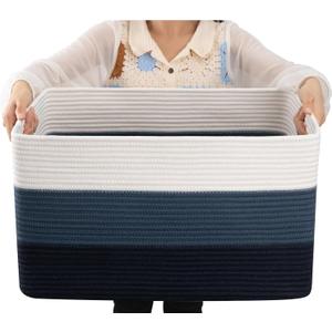 OIAHOMY Large Blanket Basket, 22x17x12 Rectangle Woven Baskets, Nursery Blanket Storage Living Room, Toy Storage With Handle, Large Baskets for Organizing-Gradient Blue