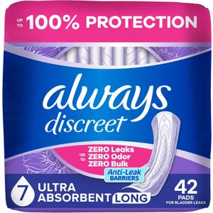 Always Discreet Adult Incontinence Pads for Women, Drier, 7 Drop Long Length, Ultra Absorbency, Pads for Bladder Control Management, Bladder Leaks, Overnight & Postpartum Pads, 42ct