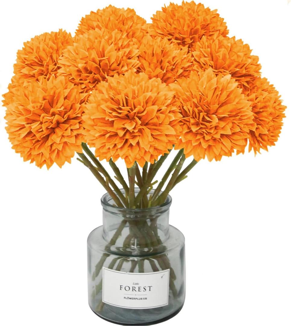 Tinsow 12 Pcs Artificial Chrysanthemum Flowers Orange Faux Ball Flowers Autumn Mums Florals Wedding Bouquet for Fall Farmhouse Home Kitchen Decoration (12, Orange)