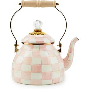 MACKENZIE-CHILDS Enamel Tea Kettle, Stylish Tea Kettle for Stovetop, Pink-and-White Rosy Check, 2 Quarts