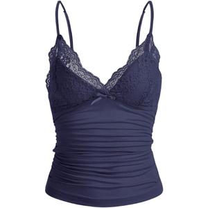 Naileksi Women Y2k Lace Trim Cami Top Spaghetti Strap Fairy Grunge Tank Top V Neck Ruched Bow Lace Patchwork Cami Shirt Navy Blue (Small)