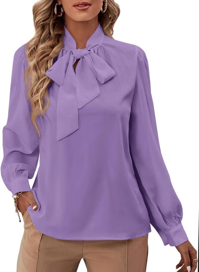 Rooscier Women's Bow Tie Neck Long Sleeve Buttton Cuff Chiffon Elegant Business Dressy Casual Blouse Shirt (Large, Purple)