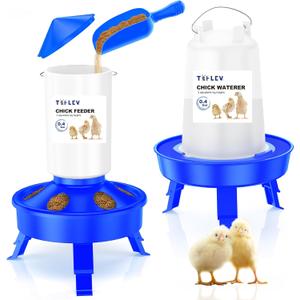Top Filling Chick Feeder and Waterer Set with Scoop, 0.4Gal Chick Feeder and 0.4Gal Chick Waterer with 3 Heights Adjustable Legs for Chicks (Blue)
