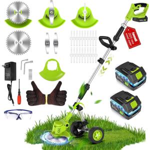 6 Inch Electric Weed Wacker with Wheels, Lightweight Electric Weed Eater, 650W High Power 8500 RPM,4000mAh Battery Powered Weed Eater, Multifunctional Grass Trimmer Lawn Tool,Green