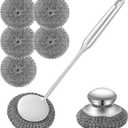 Heavy Duty Stainless Steel Scrubber Set - Long & Short Handle with 5 Steel Wool Pads, Cast Iron & Pot Scrubber for Dishes, Pans, Grills, Stoves