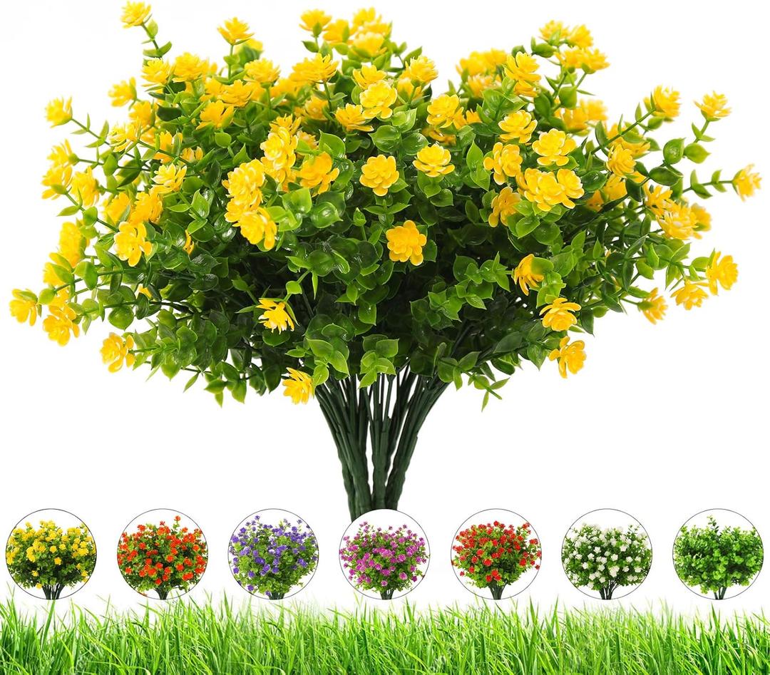 Artificial Flowers Outdoor,8 Bundles UV Resistant Fake Flowers,Outside Plastic Faux Flowers Greenery Shrubs Plants for Indoor Outdoor Planter Home Porch Decor(Yellow)